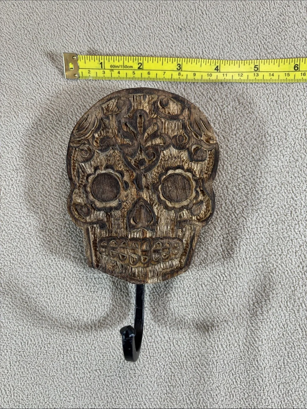 Carved Wood Sugar Skull Wall Hook 7” Day of the Dead Dia de los Muertos